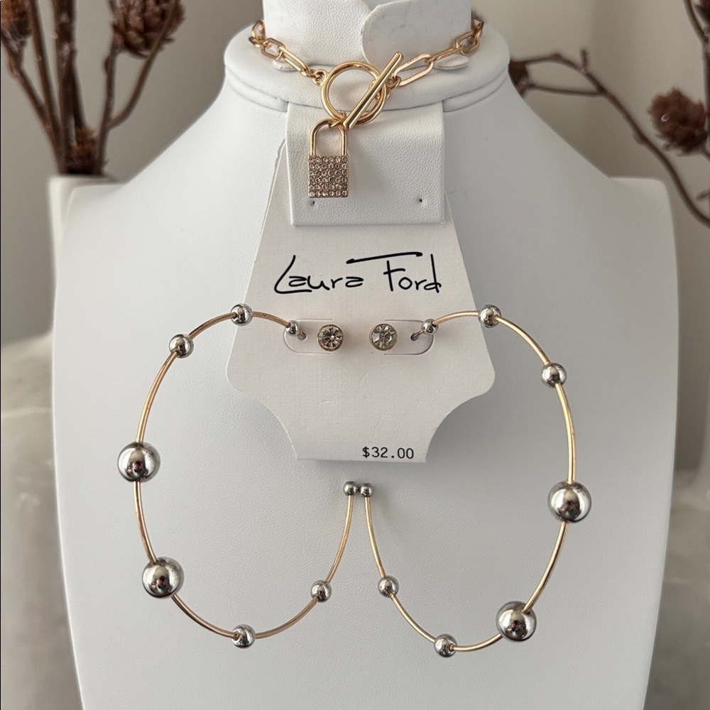 Laura Ford Hoop Earrings, goldtone with silver balls, bracelet & post earrings